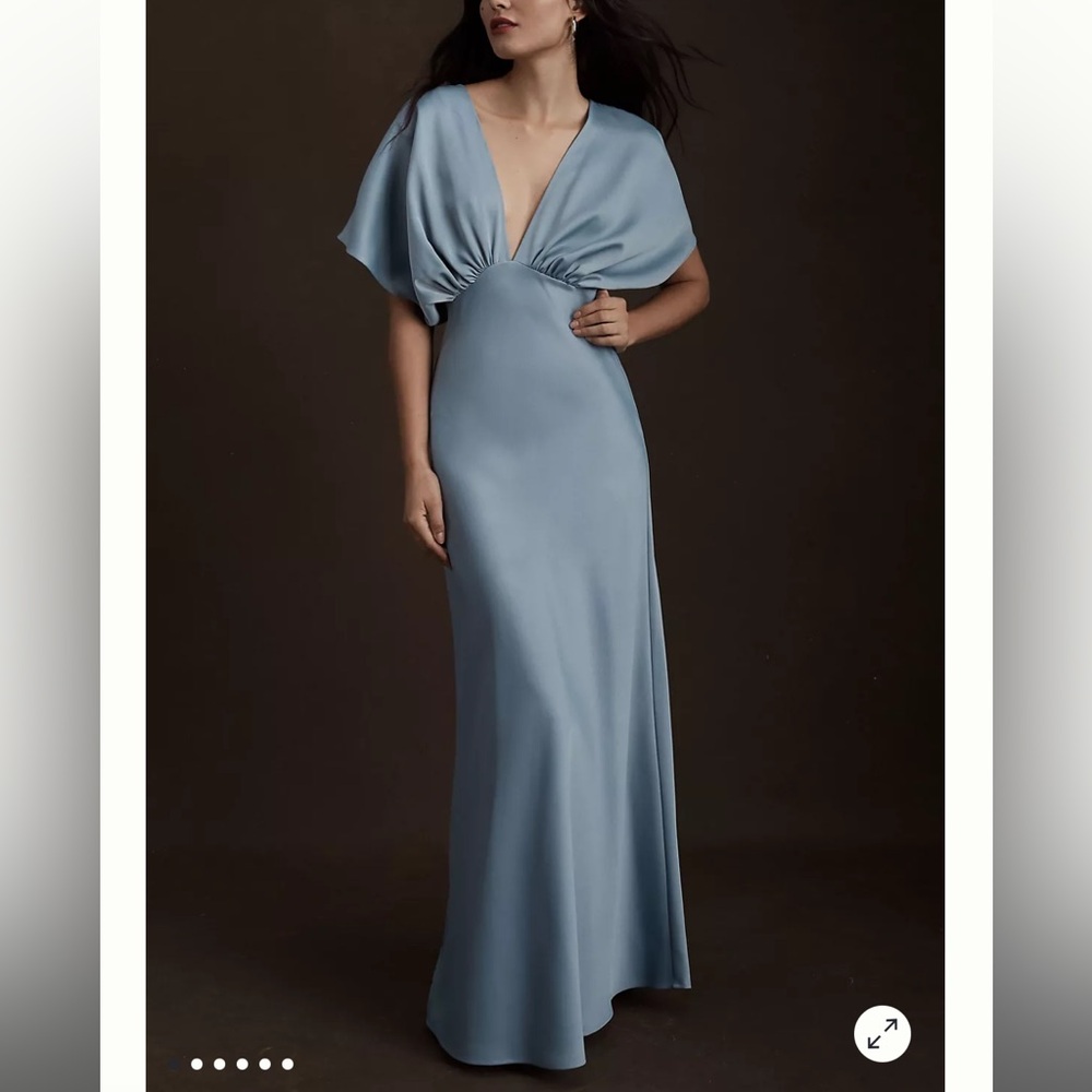 BHLDN Dusty Blue Satin V-Neck Floor-Length Gown